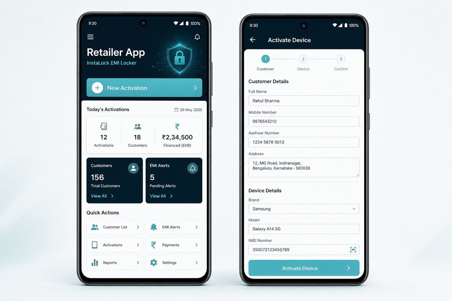 InstaLock Retailer App showing customer dashboard and new device activation workflow